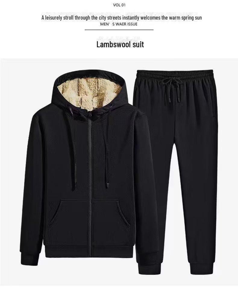 Cárdigan de Invierno Grueso y Felpudo para Hombre: Sudadera cálida de piel de cordero y chaqueta deportiva de corte holgado con top de cremallera y pantalones de traje