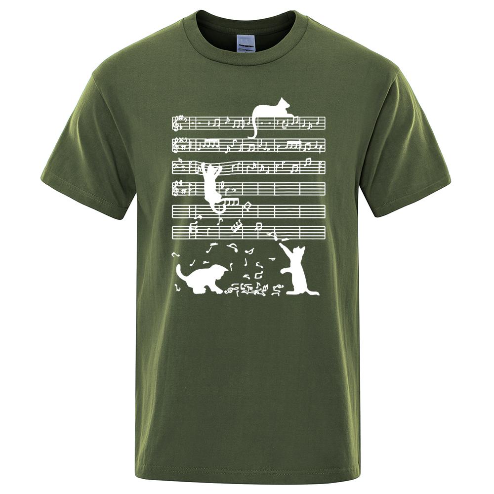 Cotton T Shirt Printed Cat Playing Staves Funny T-shirts for Men Summer Short Sleeve Top Tee Shirts Casual Basic Mens T-shirt