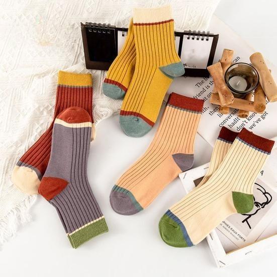 5 Pairs Women Candy Color Splicing Design Socks, Mid-tube Ribbed, Breathable, Sweat-absorbent, High Elastic