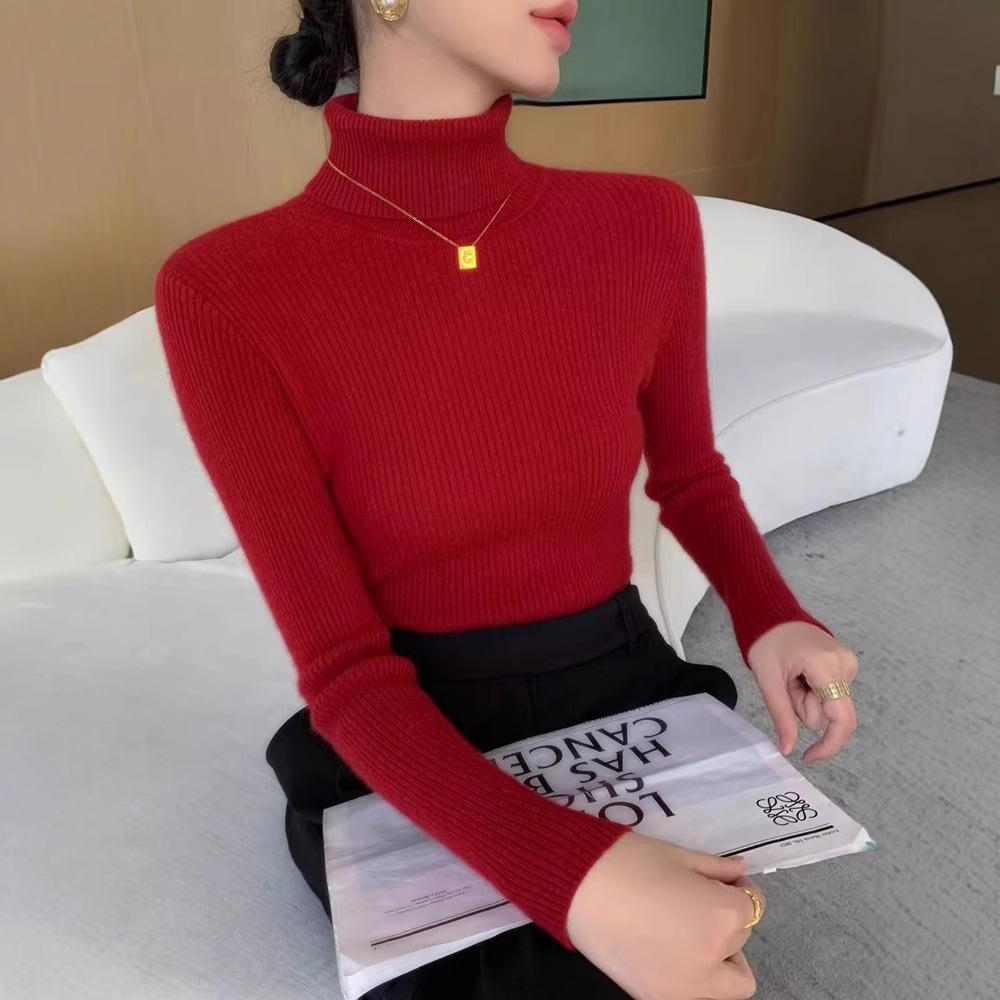 Podzimní a zimní svetr s vysokým límcem pro ženy, úzký pletený svetr s žebrovou vazbou, s těsným pulovrem uvnitř, všestranný hřejivý top s dlouhým rukávem