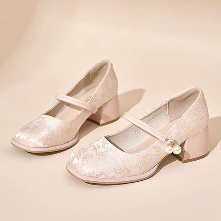 Fashion High heels women's shoes 2025 new Chinese style embroidery versatile strap single shoe square toe Mary Jane thick heel shoes