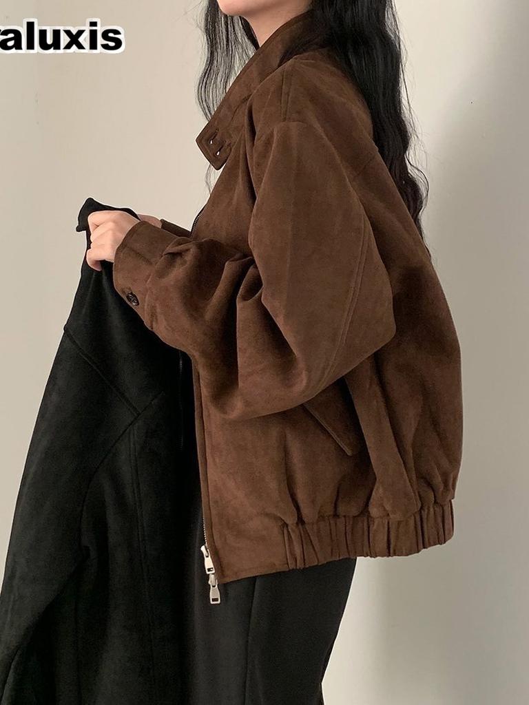 Vintage Faux Suede Jacket Women's Spring/Autumn Fashion Oversized Short Coat Top Trendy