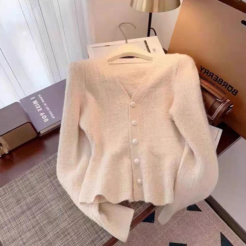 Spring Mermaid Hem Knitted Cardigan Top Women's New Korean Fashion Long Sleeved Pearl Buckle V-neck Sweater Jacket Women