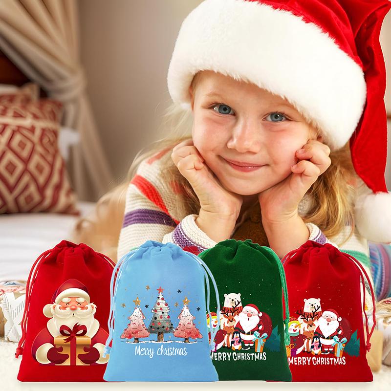 Velvet Christmas Bags With Drawstring - 7Pcs For Wrapping Christmas Party Favors Or Gifts For Friends, Children, Customers
