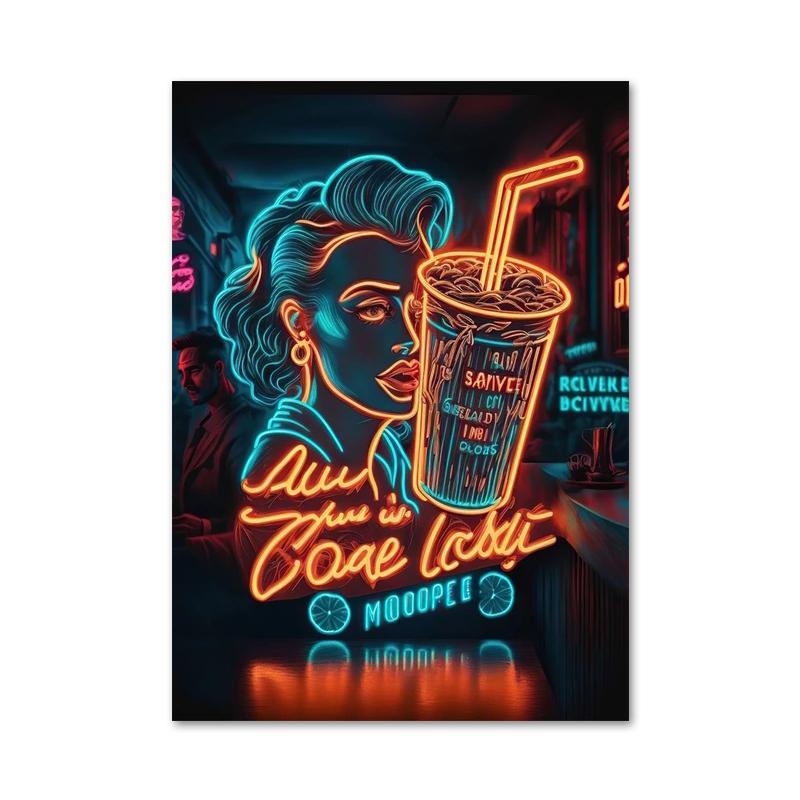 Colored Neon Lights Food and Beverage Posters Prints Hamburger Pizza Fruit Canvas Paintings Wall Art for Kitchen Home Decor
