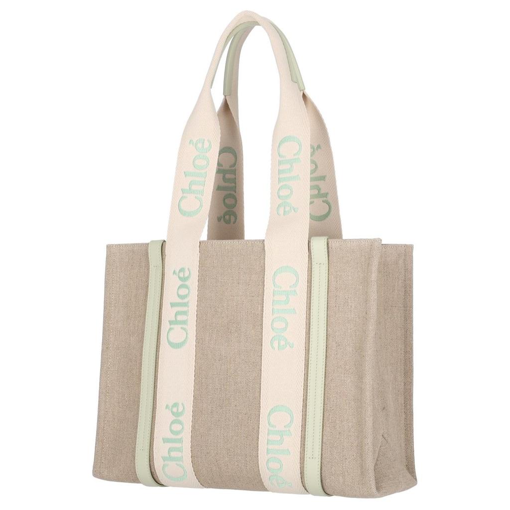 Chloe Woody Classic Logo Linen And Leather Tote Bag Women Tote Beige C23AS383L1738A