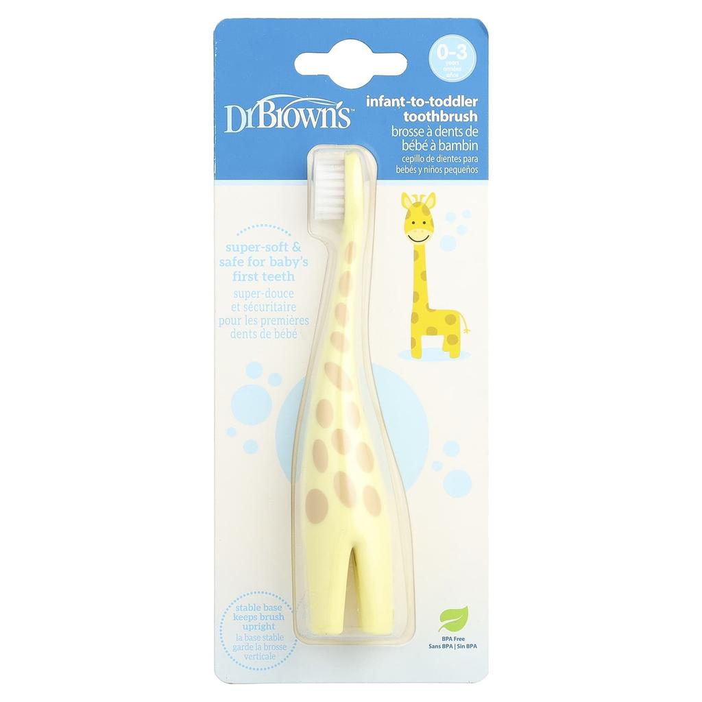 Dr. Brown'S, Toothbrush for Toddlers, Ages 0-3, Yellow, Giraffe, 1 Toothbrush