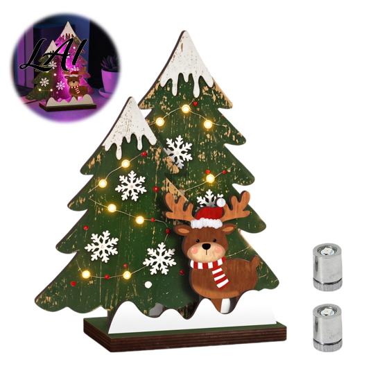Christmas Party Supplies Wooden Tree Table Decor with LED Light Rustic Standing Sign Holiday Decoration Reindeer Santa Claus for Tiered Tray,