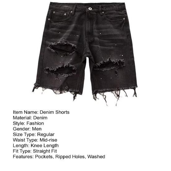 Men Summer Distressed Denim Shorts Button Zipper Fly Multi Pockets Short Jeans Straight Fit Ripped Holes Knee Length Distressed Denim Shorts