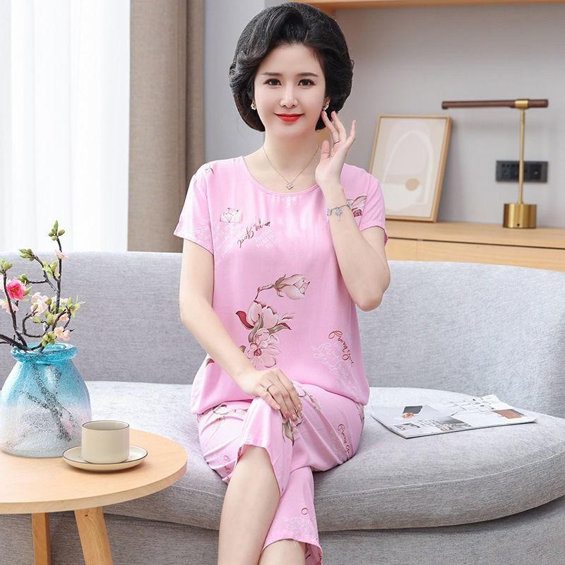 Ice Silk Suit Pajamas Women's Summer Short-sleeved Middle-aged Casual Wear Can Be Worn Outside Mother's Thin Two-piece Set