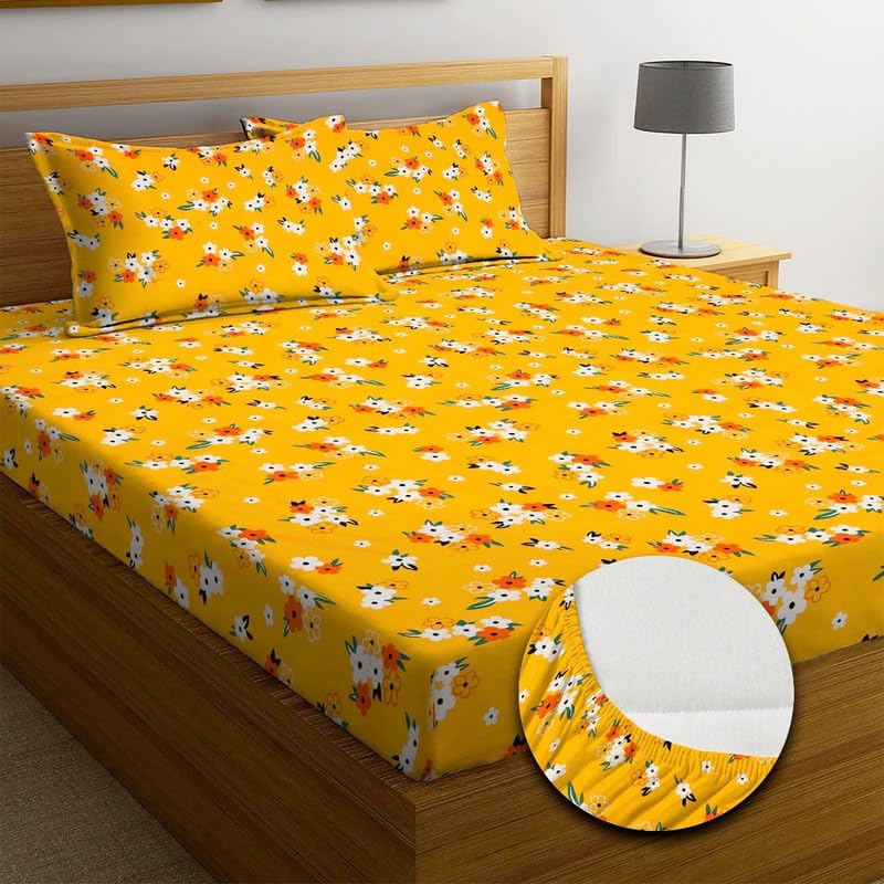 Premium Cotton Elastic Fitted Bedsheets  | Size: Bedsheet - 198.12CM x 182.88CM + 25.4CM (Drop) Pillow Cover -  46 cm x 68 cm