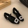 Gray Fuzzy Mary Jane Shoes Square Toe Rhinestone Mid Heel Pumps Plush Warm Chunky Heeled Shoes Elegant Zapatos De Mujer