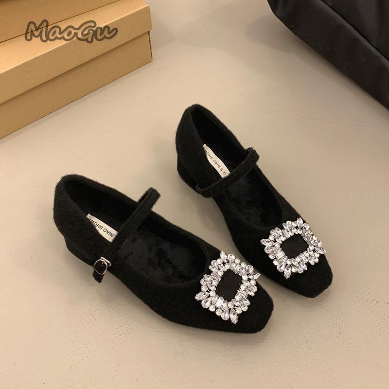 Gray Fuzzy Mary Jane Shoes Square Toe Rhinestone Mid Heel Pumps Plush Warm Chunky Heeled Shoes Elegant Zapatos De Mujer