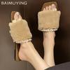 Winter Fur Square Toe Women Flats Slippers Bead Designer Fashion Shoes New Brand 2025 Trend Walking Cozy Home Femme Chaussures