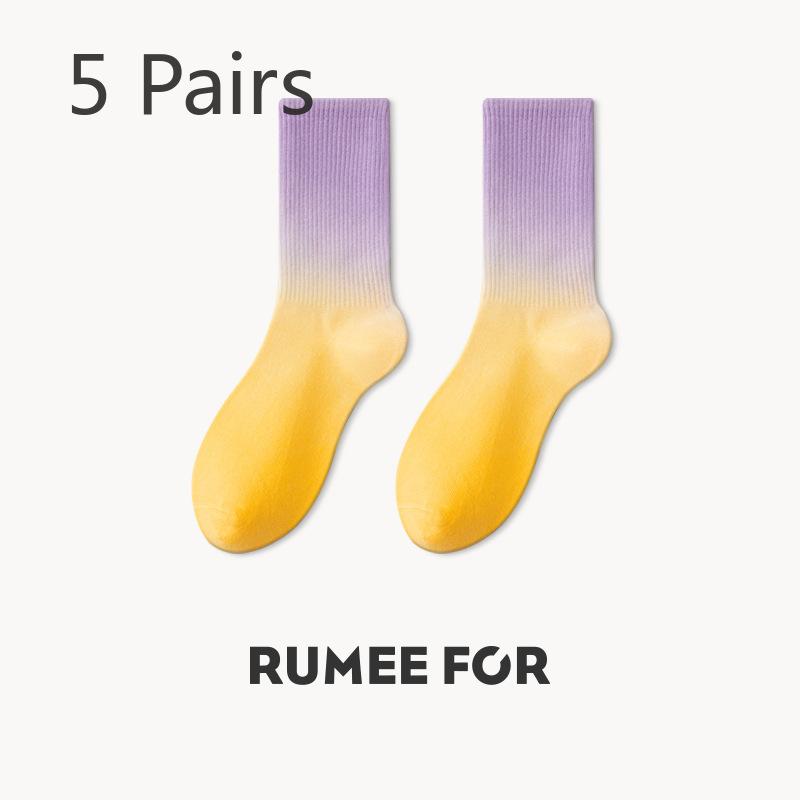 5 Pairs of Female Spring and Autumn Sports Color Gradient Color Tube Socks