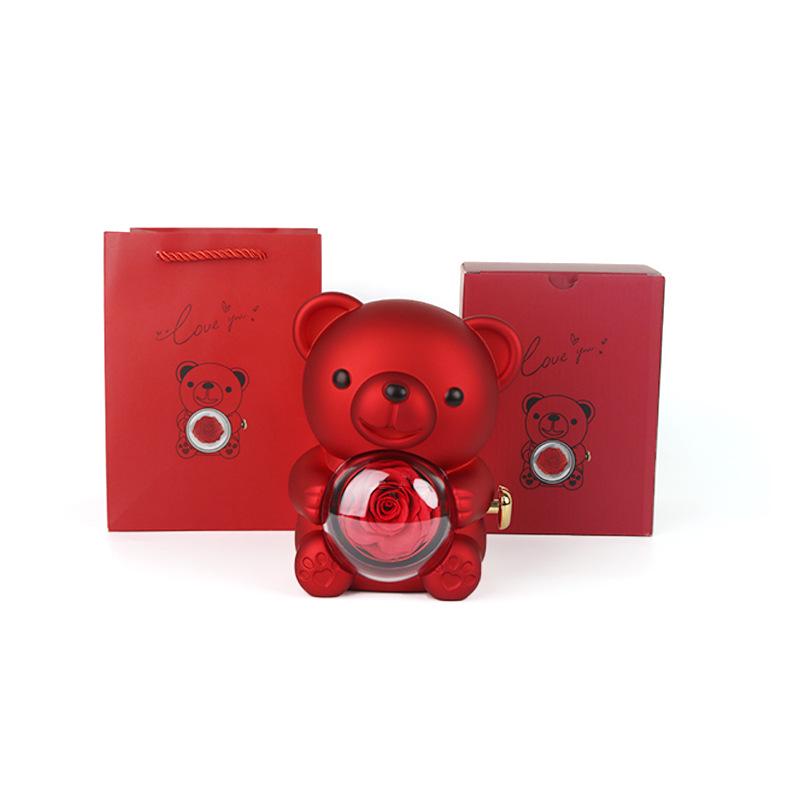 Teddy Bear Everlasting Flower Gift Box with Ring and Necklace