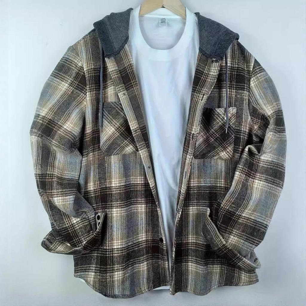 Herren Gestreift Kariert Lässig Locker Knopf Revers Langarm Kapuzen Strickjacke Hemd Jacke
