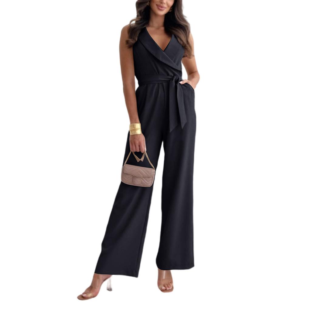 Women's Fashionable Casual High Waisted Wide Leg Tapered Jumpsuit With Tie Waist For Commuting