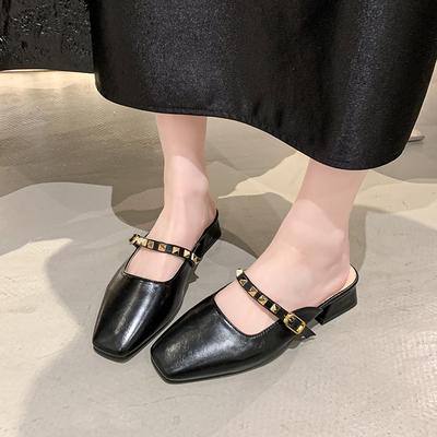 Square Head Bag Head Sandals Women's 2025 Rivet Slippers Outer Wear Summer Low Heel Shoes Thick Heel Half Drag Single Shoes Cool Slippers