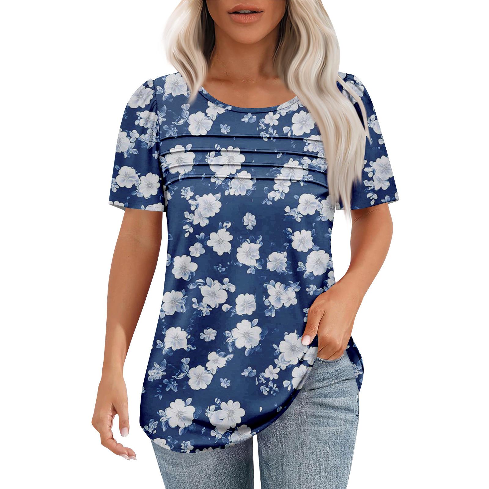 

Женская модная рубашка с круглым вырезом и короткими рукавами в складку M синий