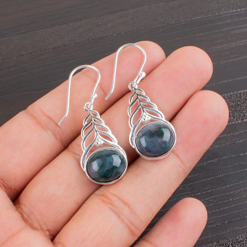Rare Moss Agate Gemstone 925 Sterling Silver Jewelry Women Silver Earrings 1.64" CE-1-28