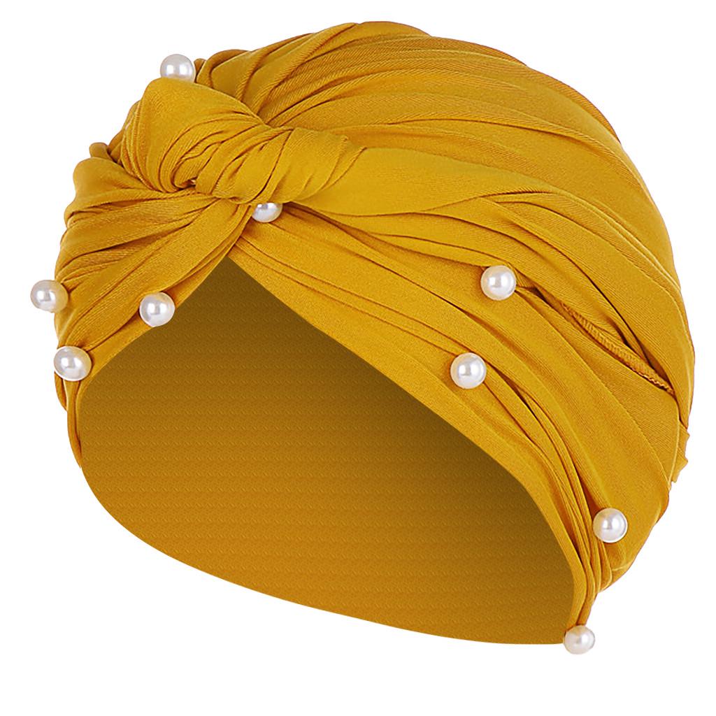 Women Pearl Beading India Hat Muslim Ruffle Chemo Turban Wrap Cap