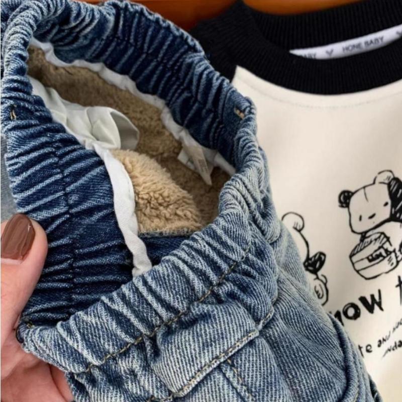 Children's Fleece-lined Jeans Boys Girls Plush Velvet Denim Pants New Kids Winter Thickened Warm Trousers Infant Clothing