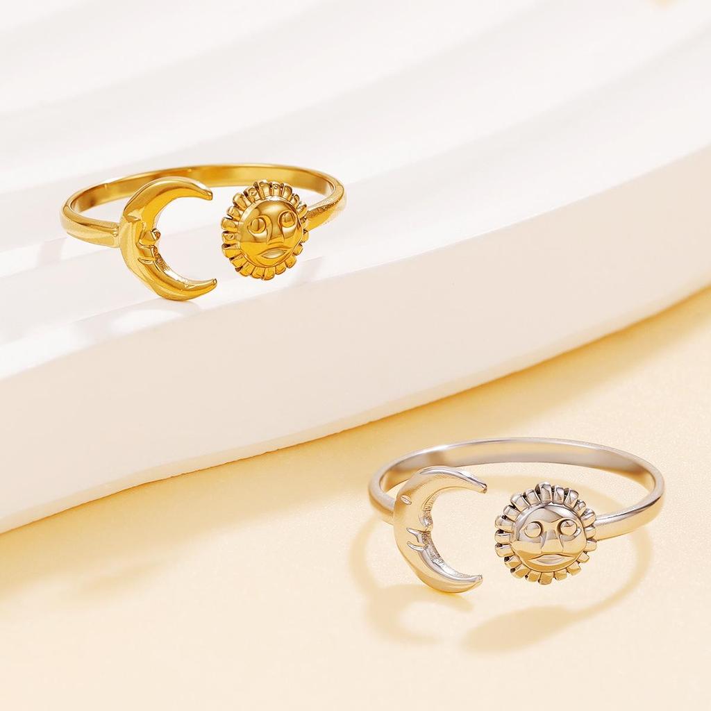 Stainless Steel Ethnic Style Moon Sun Portrait Multi-Element Adjustable Ring