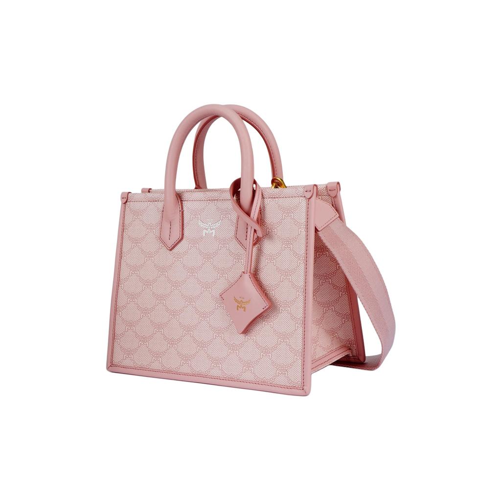 MCM Pink Lauretos Jacquard Small Tote Bag with Leather Handles & Detachable Strap for Daily & Casual Use