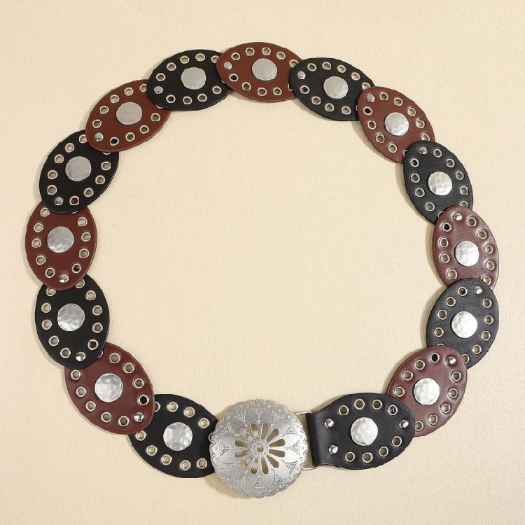 Fashion Bohemian Oval Disc Belt for Adult Western Waistband Ethnic PU Leather Hollowed Buckle Waiststrap for Dresses