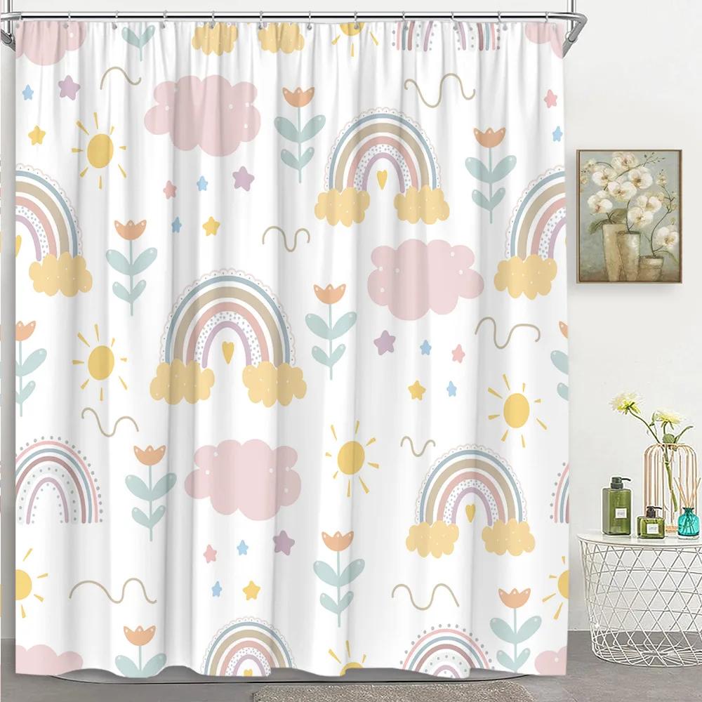 Kids Rainbow Shower Curtain Cartoon Cute Stars Clouds Love Inspirational Quotes Flower Boy Girl Polyester Bathroom Decor Curtain