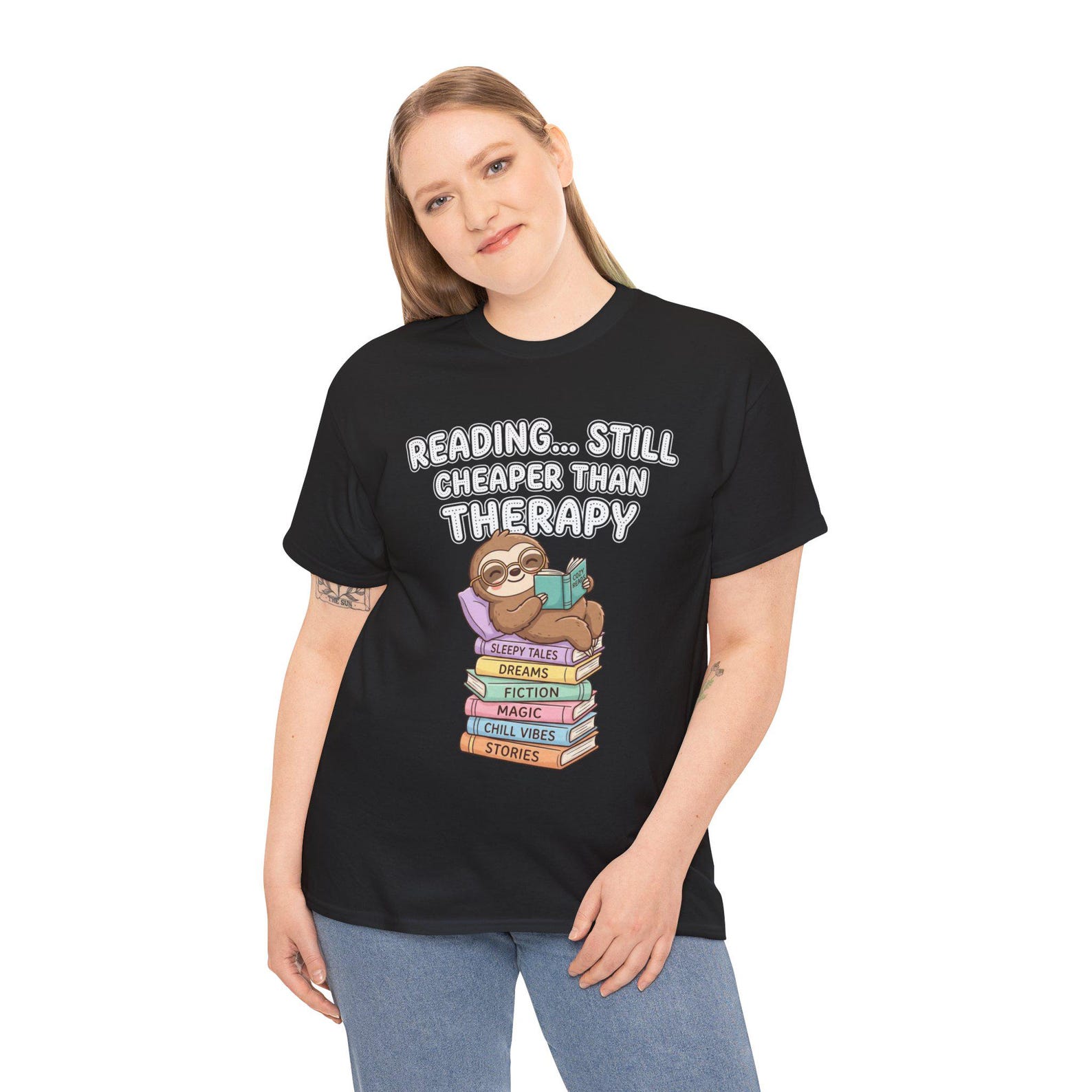 Cozy Sloth Reading Therapy T-Shirt; Cute Bookworm Relaxing Tee; Whimsical Book Lover Top M