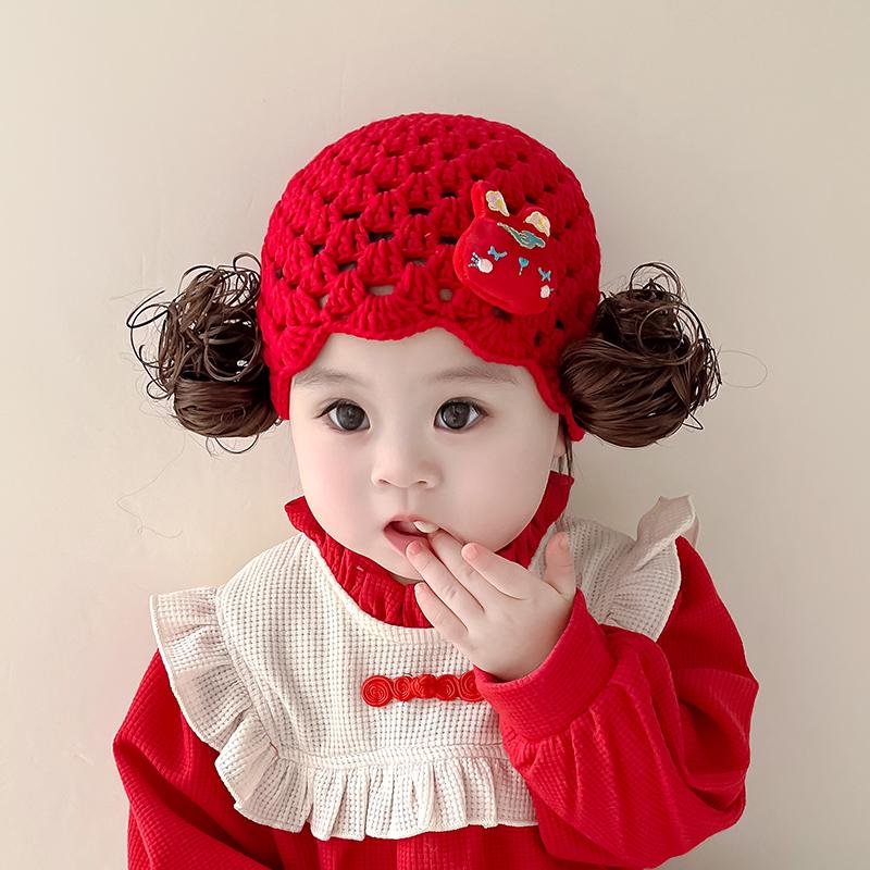 Adorable Knitted Baby Girl Hat with Rabbit Design Wig