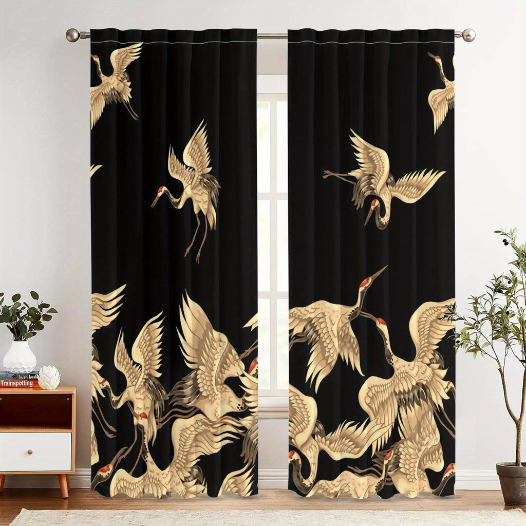 2PCS Blackout Curtains Oriental Golden Chinese Crane Vintage Print Polyester Rod Pocket Top for Living Room Elegant Home Decor