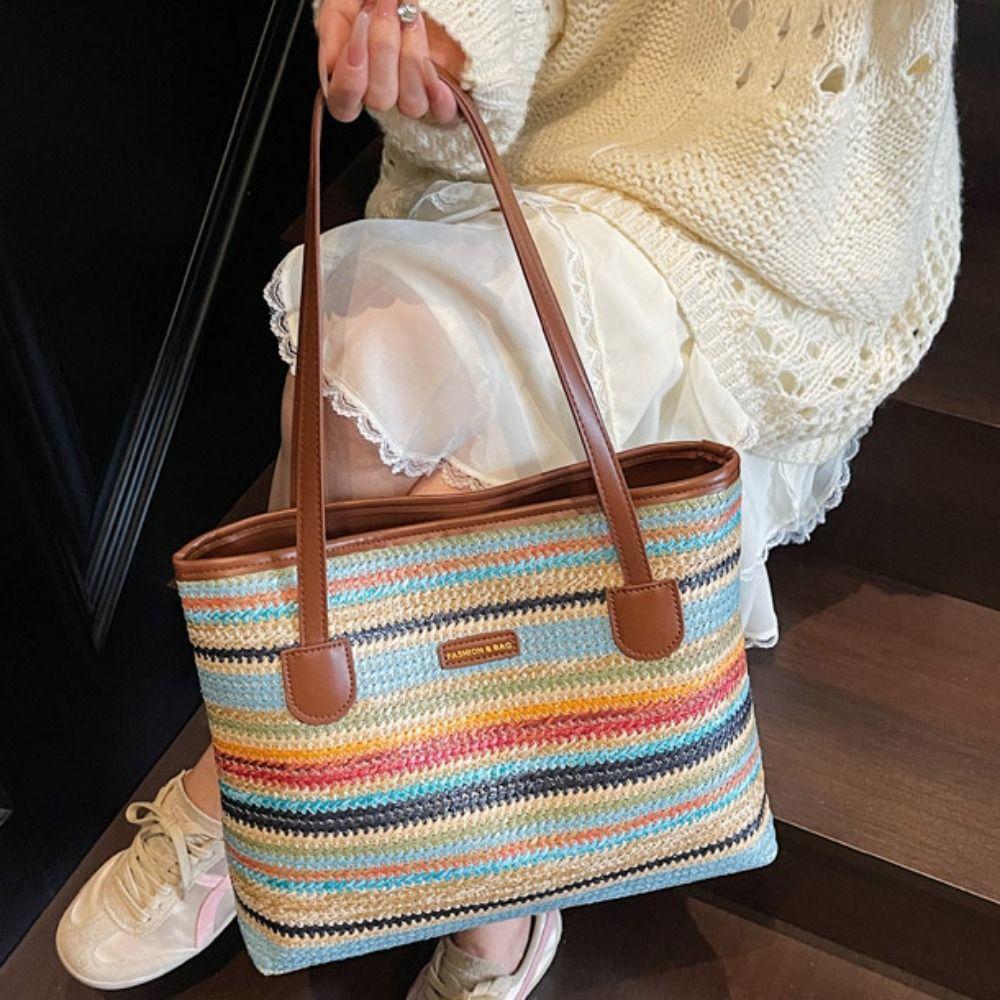 Parent Shoulder Bag Bohemian Beach Bag Beach Handbag Strip Shoulder Bag Straw Woven Bag  Streetwear