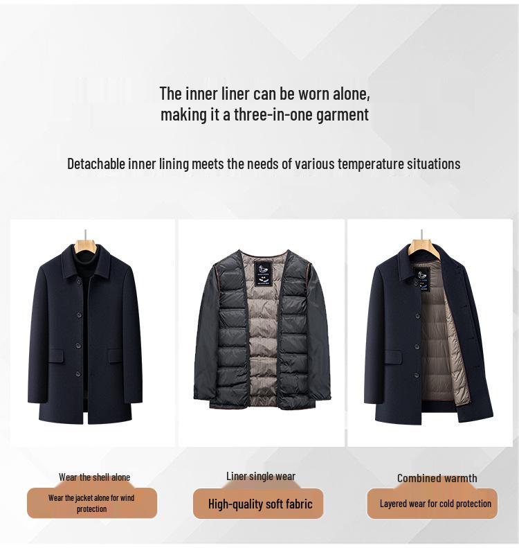 Men's Double-sided Mid-length Wool Coat with Lapel and Casual Down Liner