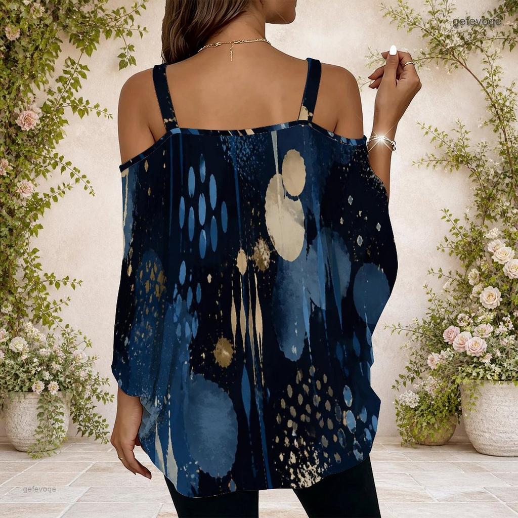 Women Plus Size Cold Shoulder Double Strap V Neck Short Sleeve Dark Blue Printed Blouse