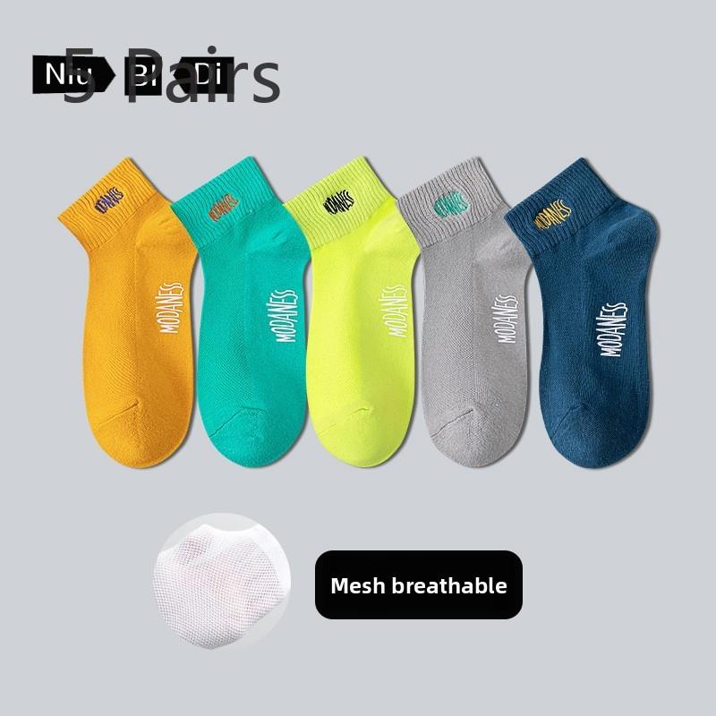 5 Pairs of Men's Spring and Autumn Pure Cotton Sweat Absorbing Breathable Mesh Thin Socks