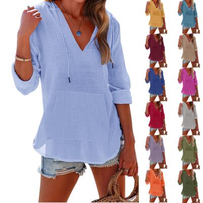 Women's Fashion Solid Long Sleeve Shirt Casual V Neck Pullover Hoodie Sweatshirt Beachwear Top Suitable for Daily Wear and Outdoor Activities