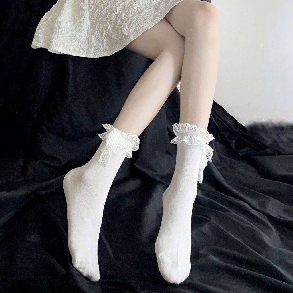 Lolita lace trim short mid-calf socks for women, solid color, thin summer style lolita Cute and versatile for soft girls