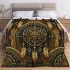 Comfortable Dreamy Feather Mandala Pattern Flannel Blanket Soft High-Definition Digital Print Black and Golden Geometric Ethnic Design Cooling Blanket