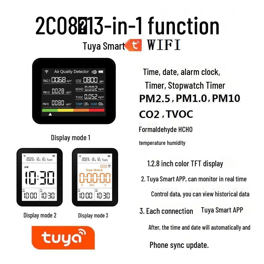13-in-1 Smart Air Quality Detector with WiFi: CO2, PM2.5, Formaldehyde, TVOC, Temperature, & Humidity Monitoring Via App