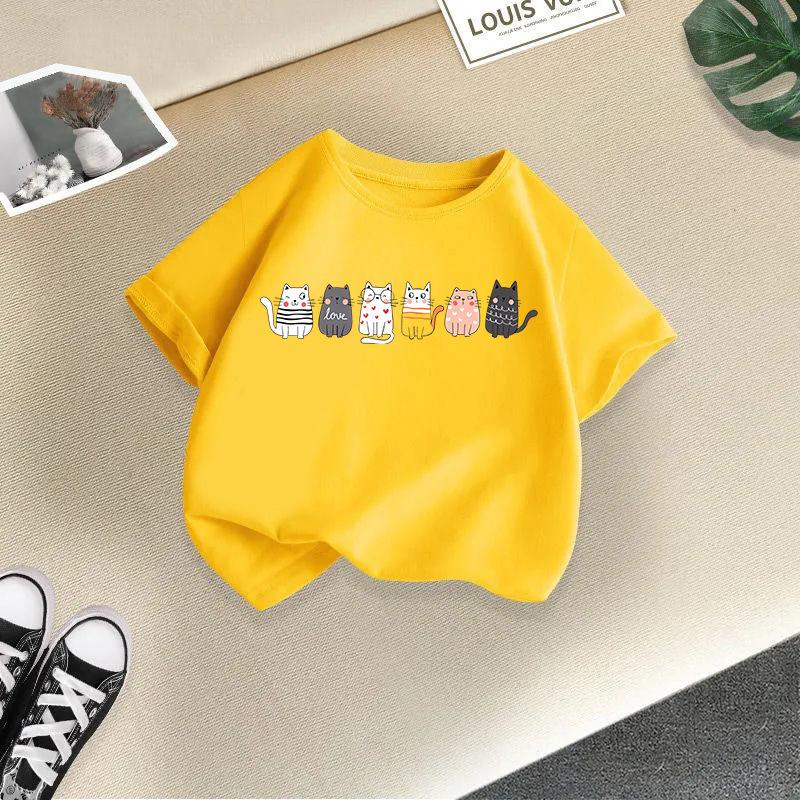 Cute Cat Printed Summer New Product Children's Clothing Children's Short Sleeved T-shirt Baby Fashion Pure T-shirt