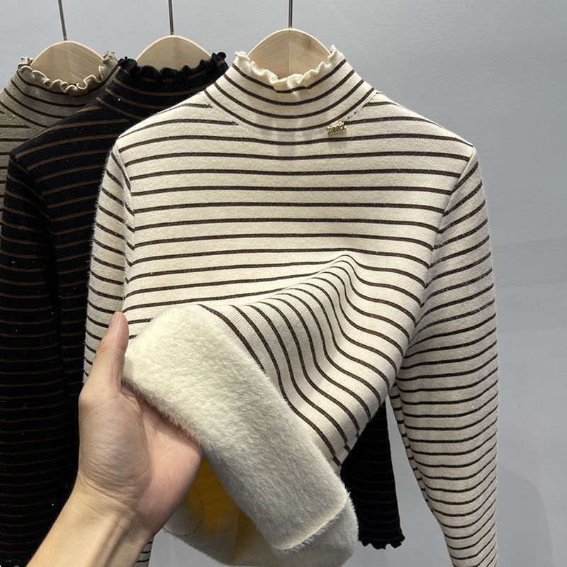 Autumn Winter Thickened Fleece-lined Pullover Elegant Long Sleeve Inner Wear Tops New Style Striped Warm Casual Tops Women 2025