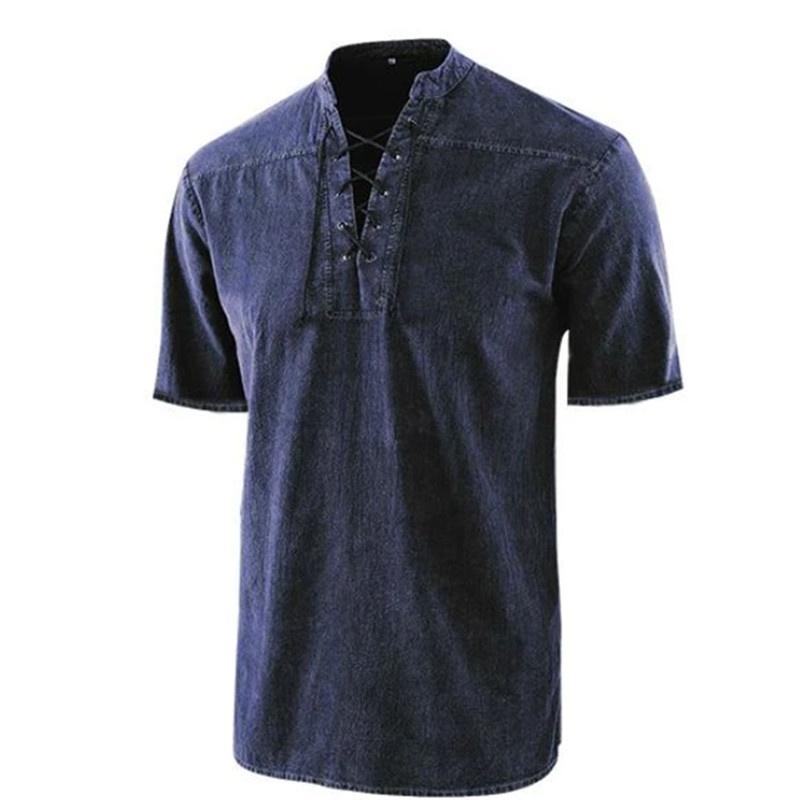 

T Shirt Blouse Plain Muscle Mens V Neck Casual Lace up Shirts Tops Short Sleeve