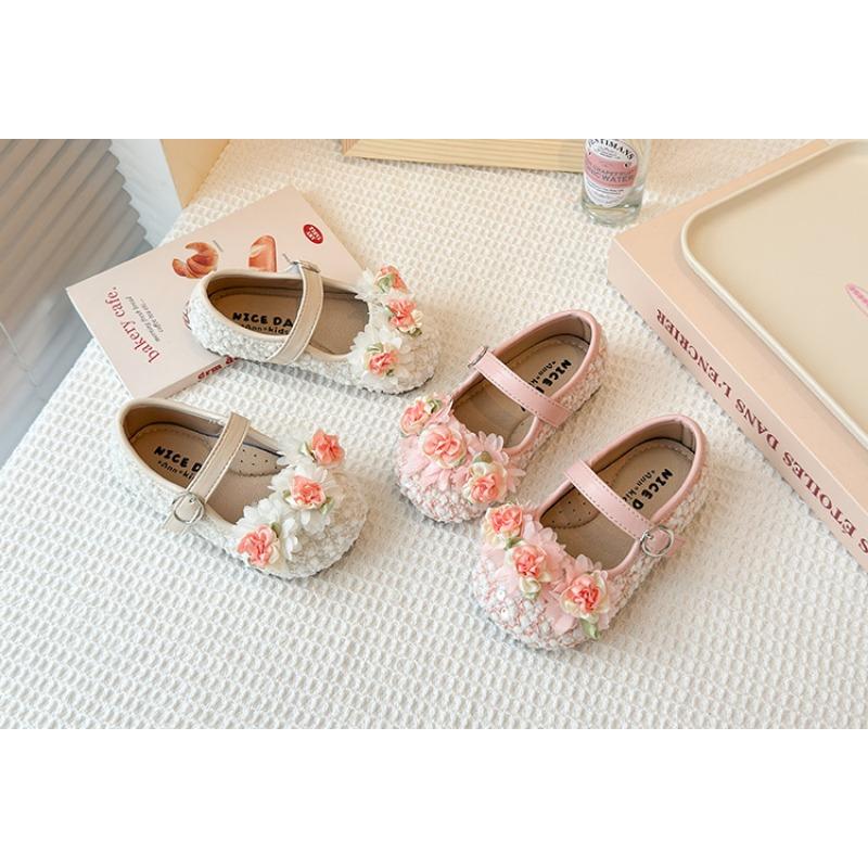 Girls Flower Decorated Korean Style Princess Soft Sole Kids Leather Loafers