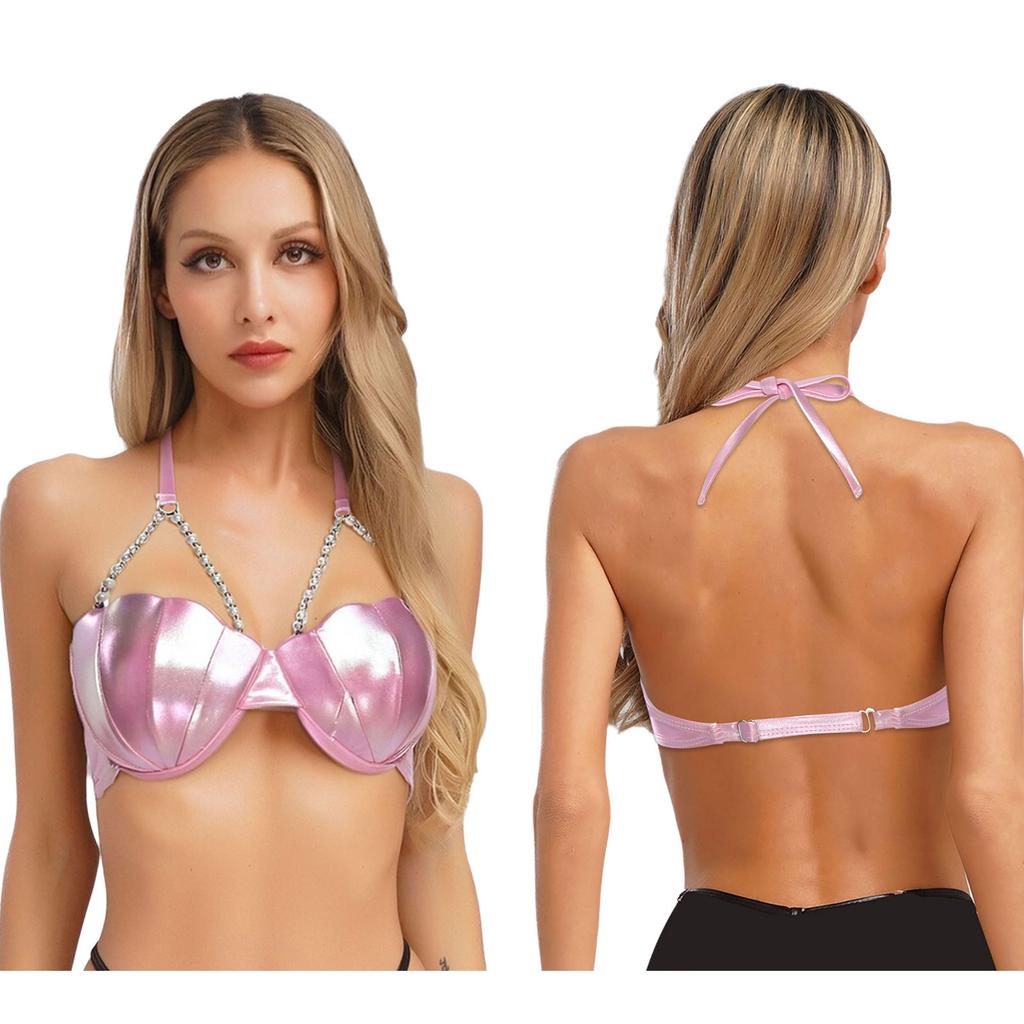 S-XXL Women‘s Glitter Mermaid Bikini Top: Halter Neck with Pearl Chains, Shell Shape & Light Padding for Beach Party