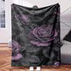 A Black and Purple Rose Wallpaper with Roses On It.-Themed Blanket - Comfortable Flannel Fabric Hypoallergenic Suitable for All Se