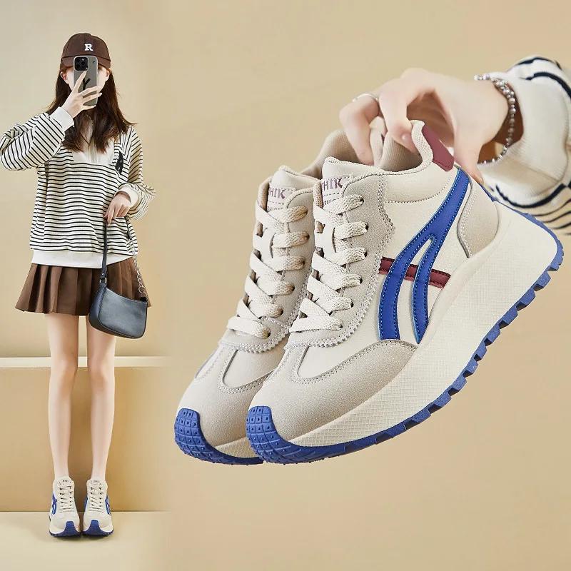 2025 Spring Thick Bottom Women's Shoes Casual Patchwork Leather Sneakers Casual Vulcanised Shoes Student Femme Shoes