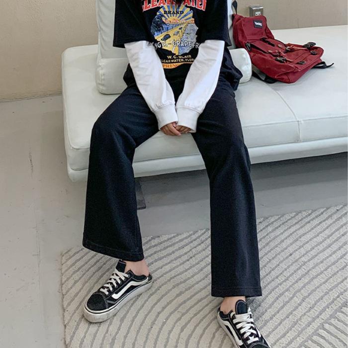 

Повседневные брюки женские весенне-осенние широкие брюки с высокой посадкой тонкая секция однотонные содержащие хлопок прямые брюки S чёрный